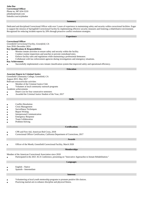 Correctional Officer Resume Example