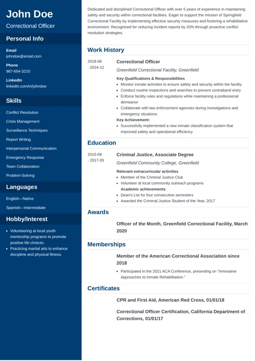 Correctional Officer Resume Example