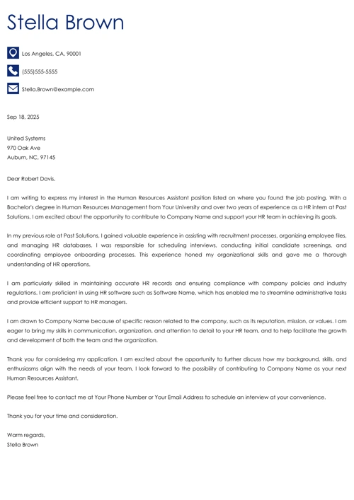 hr assistant cover letter example
