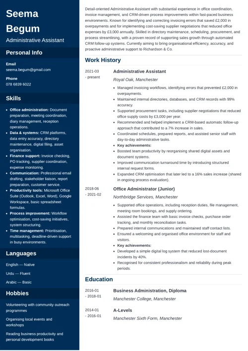 UK CV format example