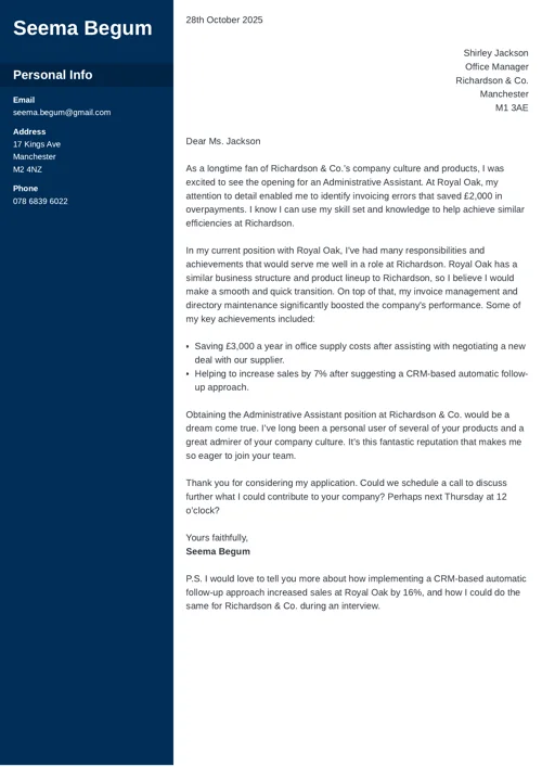 UK cover letter format example