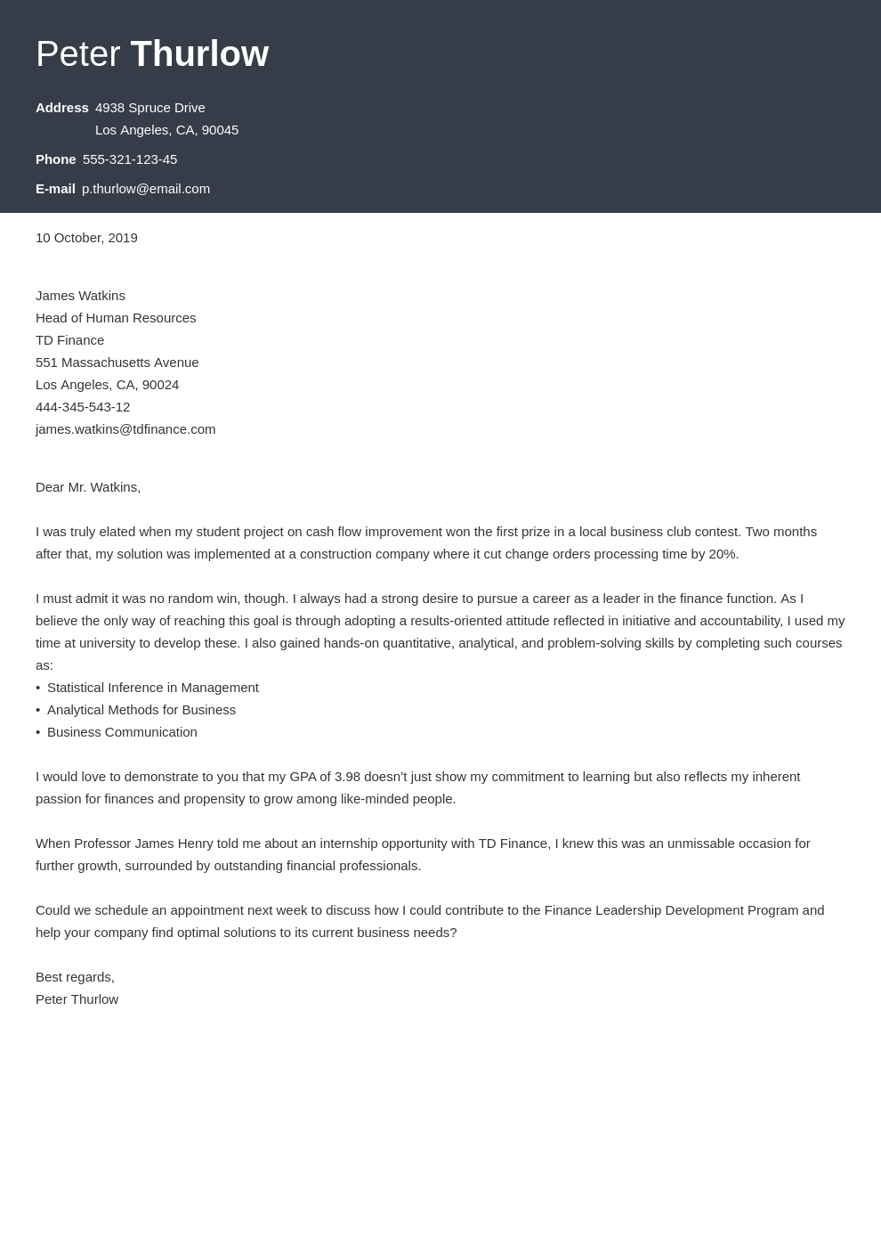 cover letter examples for internship position