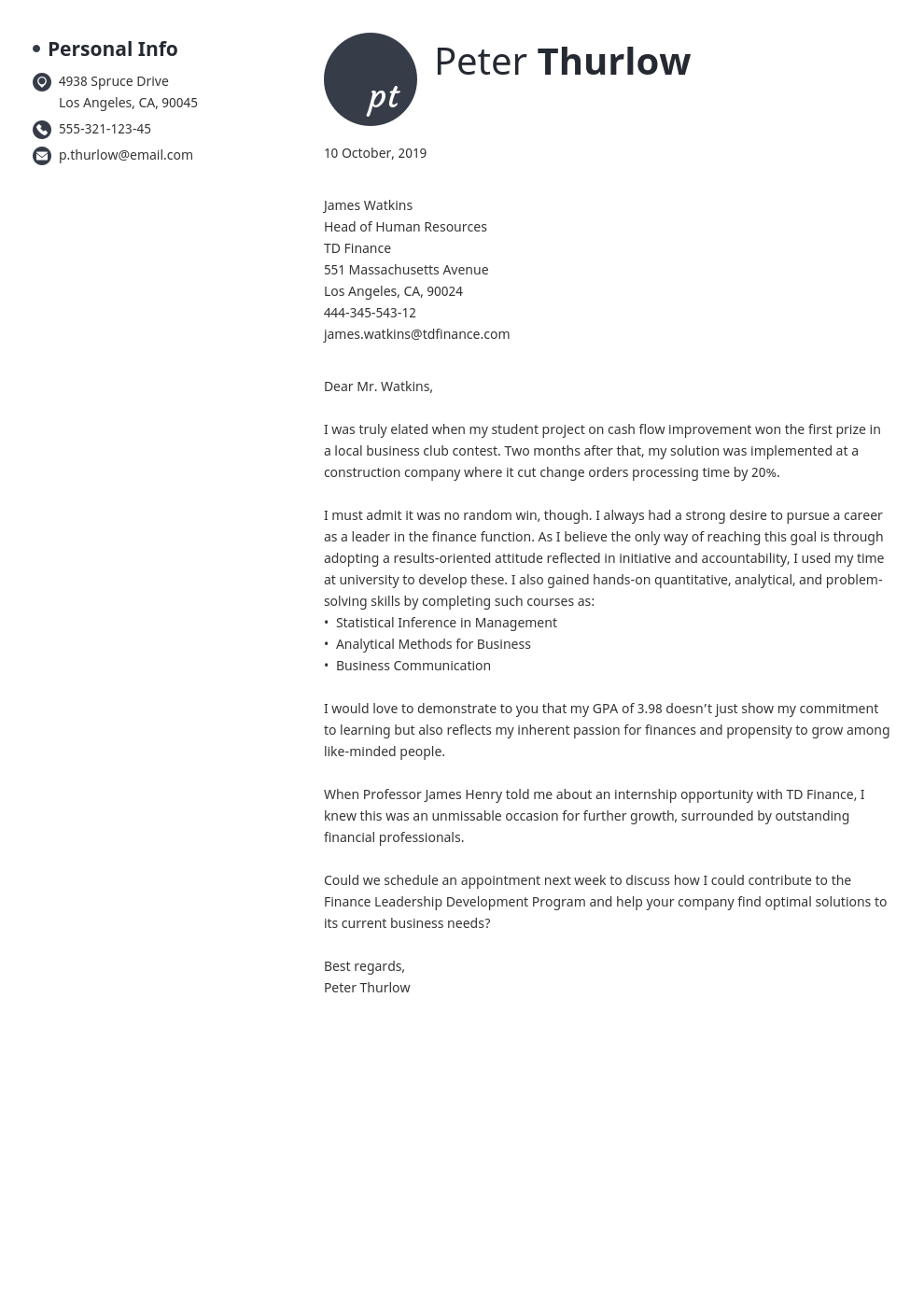 example of a application letter for internship