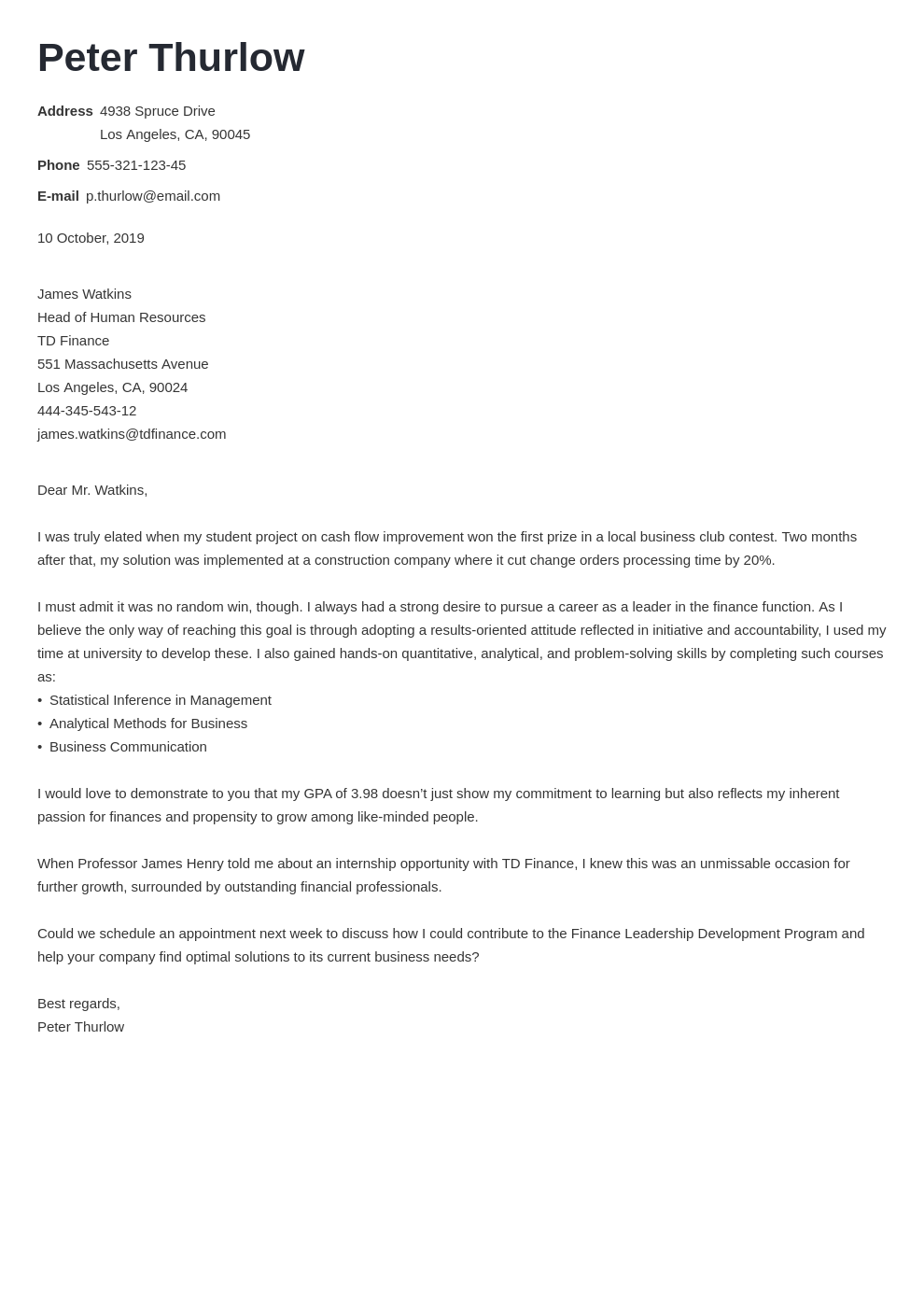 Cover Letter Examples For Internship
