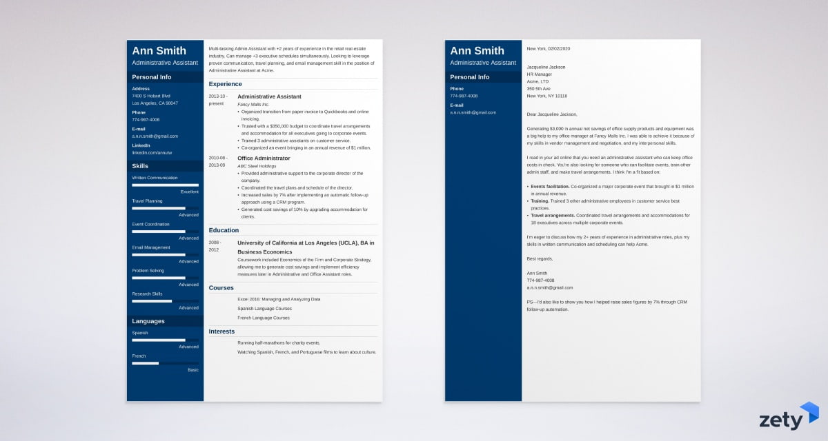 A contrasting view of the differences between a basic resume and a visually appealing, well-crafted resume produced using the Zety resume builder, featuring the Cubic resume template with a slim, full-color header section and a two-column layout that highlights the applicant's contact information and competencies on the right-hand side of the document.