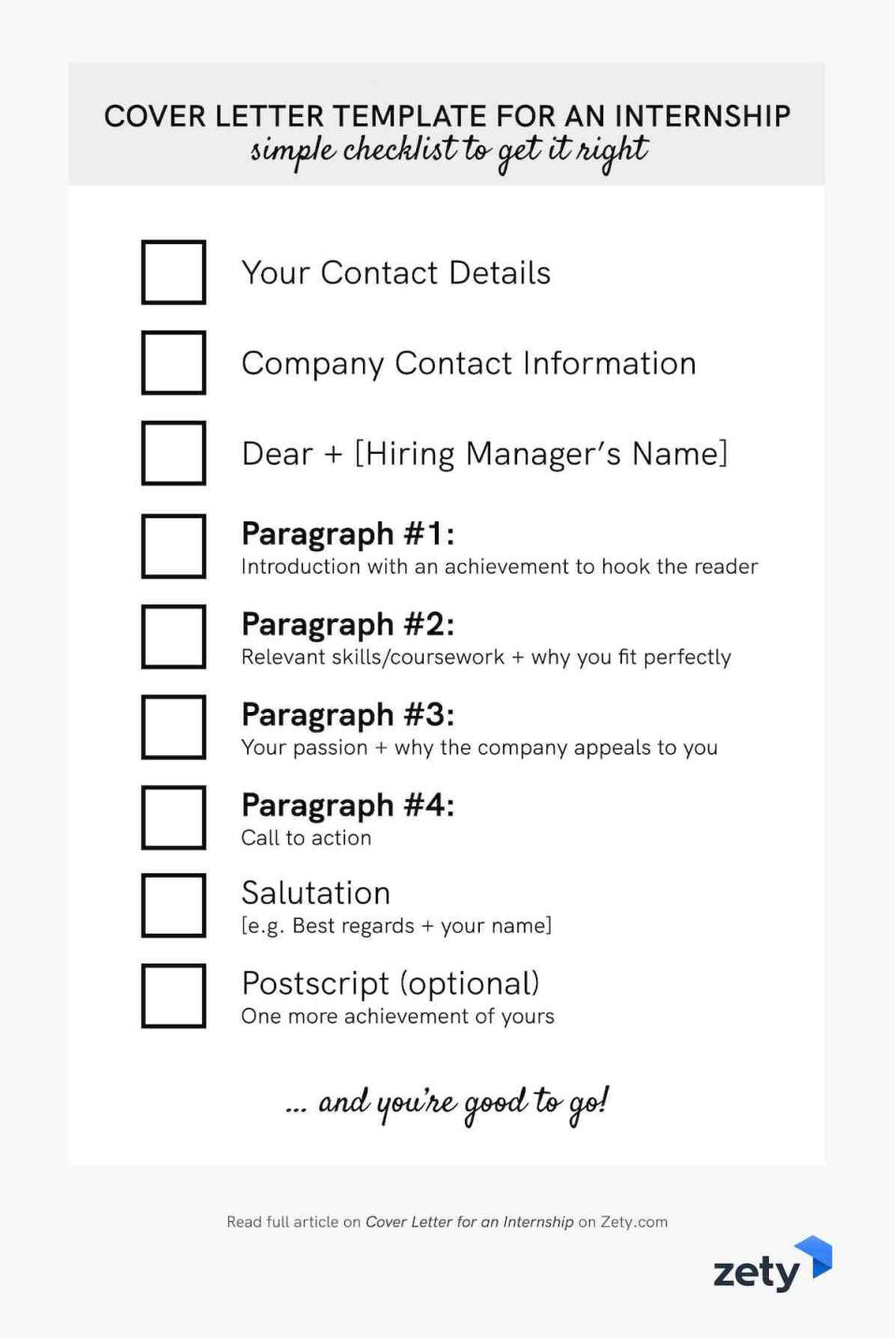 Cover letter template for an internship - checklist