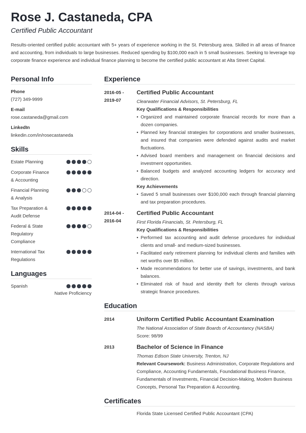 cpa resume example template simple