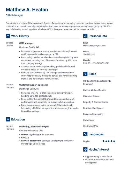 crm resume example