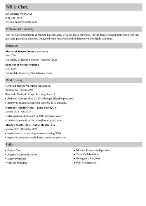 crna resume example