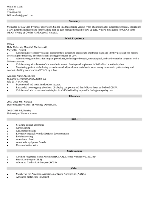 crna resume example
