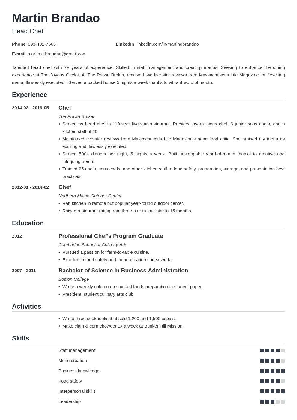culinary resume example template nanica
