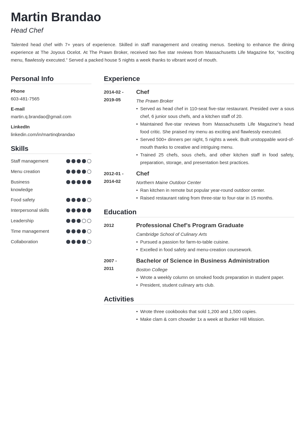culinary resume example template simple