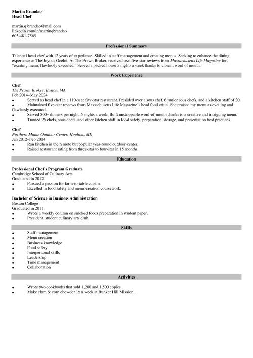 Culinary Resume Sample