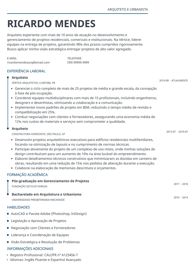 modelo de currículo de arquiteto feito no gerador da Zety