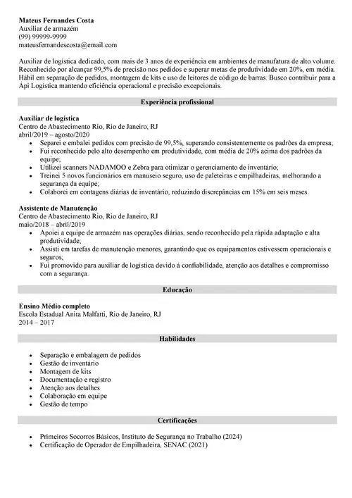 modelo de currículo para auxiliar de logística
