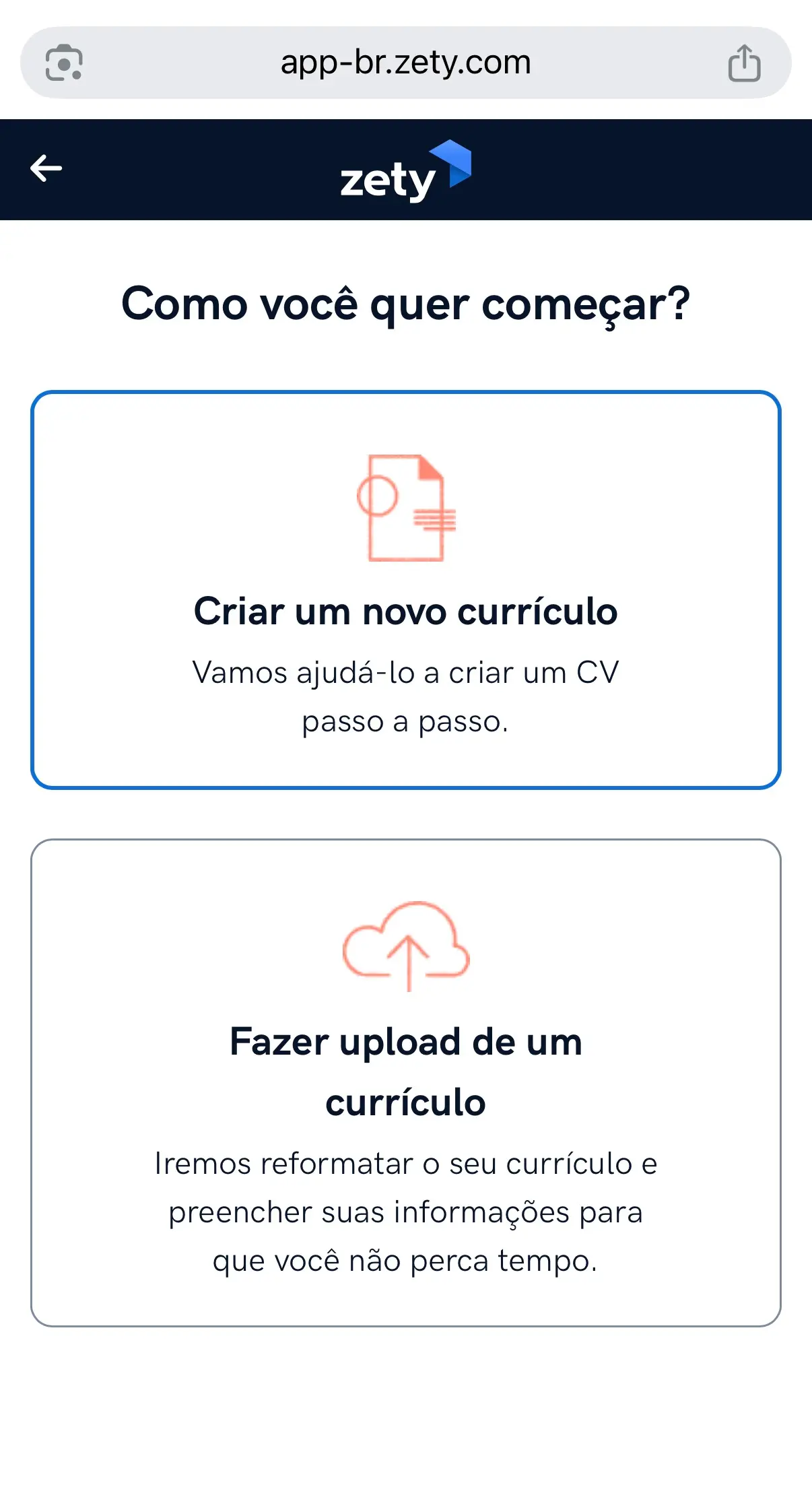 opções de fazer upload ou criar um novo CV no gerador da Zety