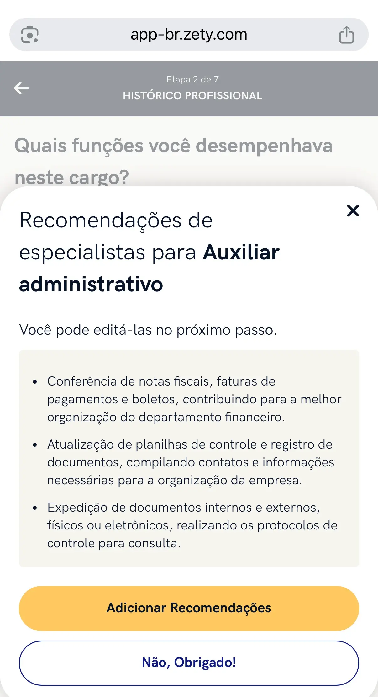 sugestões de frases prontas ao fazer o currículo pelo celular no gerador da Zety