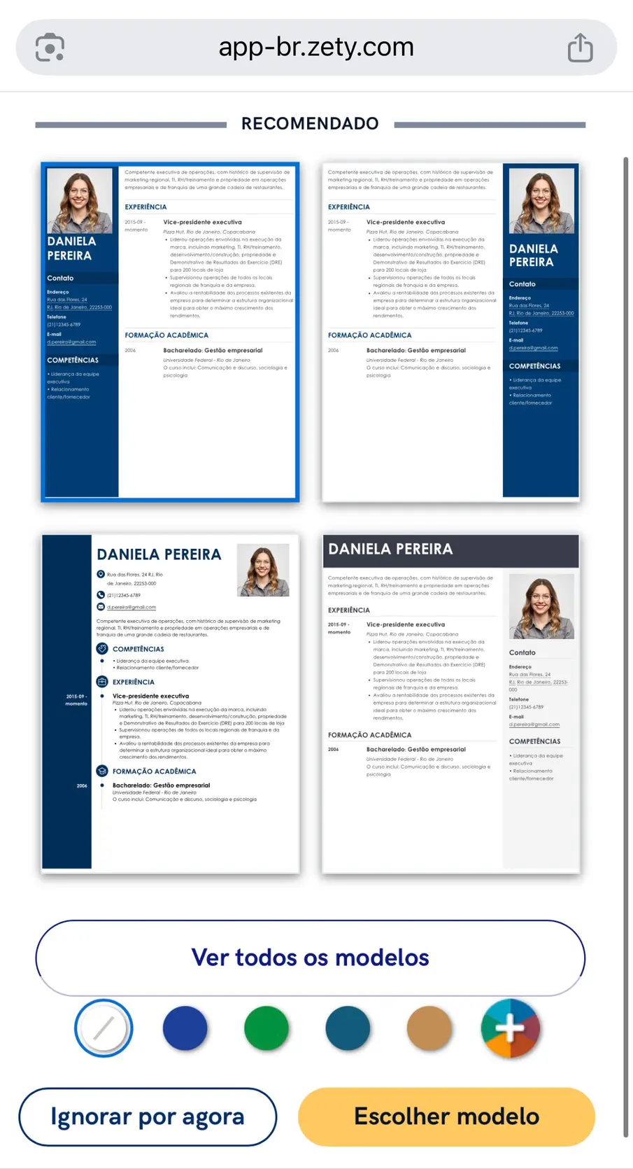 modelos de currículo para celular no gerador da Zety