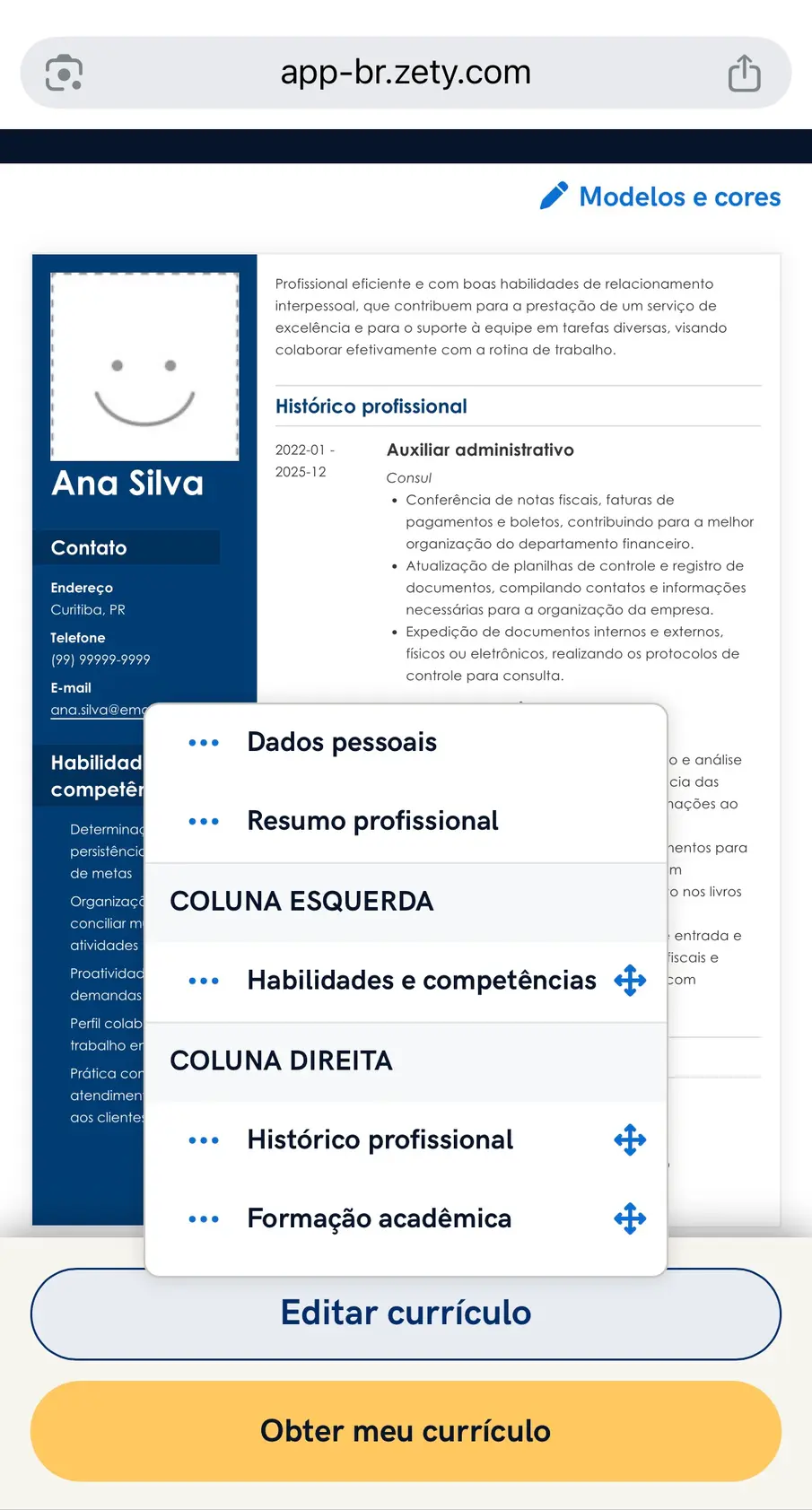 formatação fácil do currículo no gerador da Zety