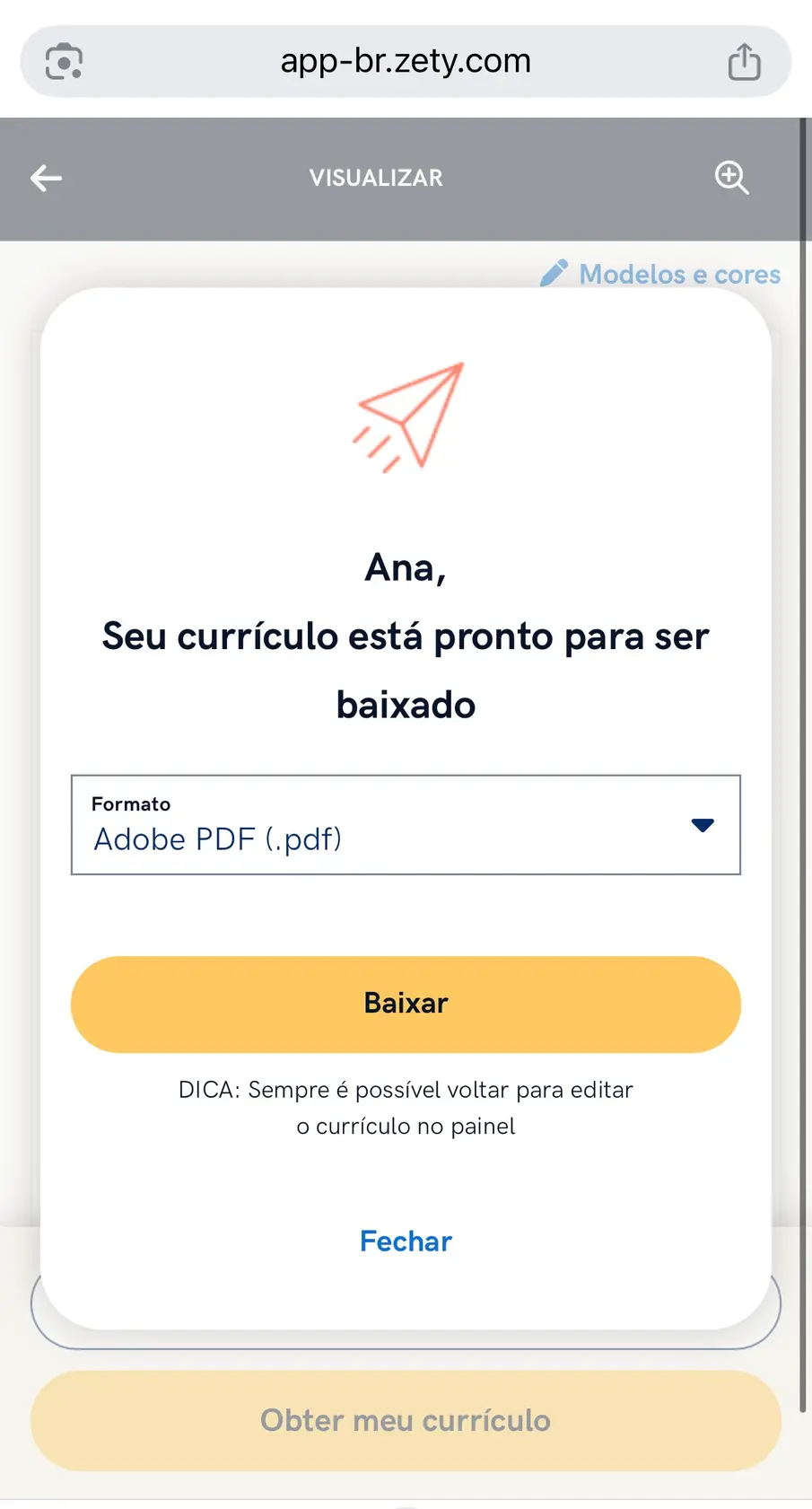 download do currículo em PDF pelo celular no gerador de CVs