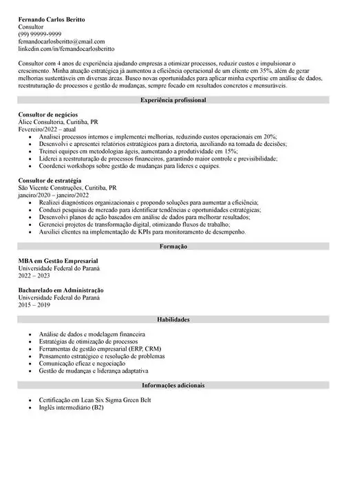 modelo de currículo para consultor