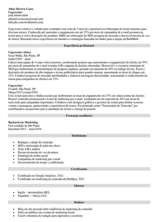 modelo de currículo de copywriter
