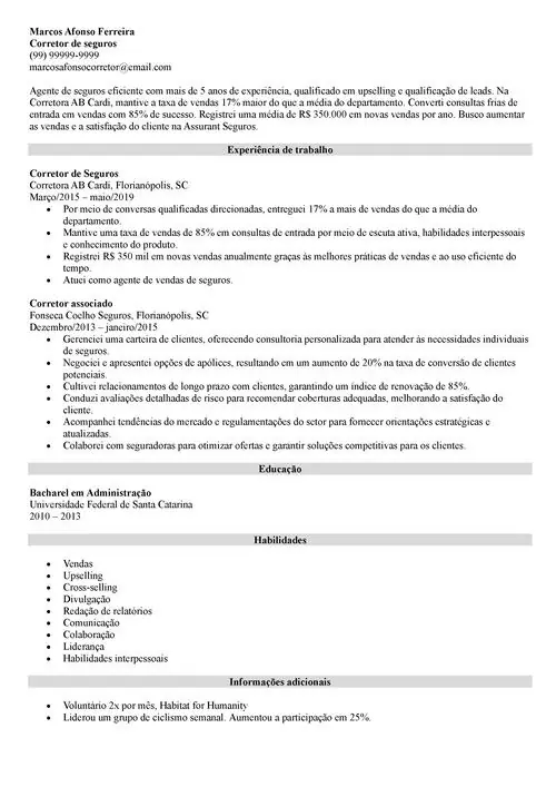 modelo de currículo de corretor de seguros