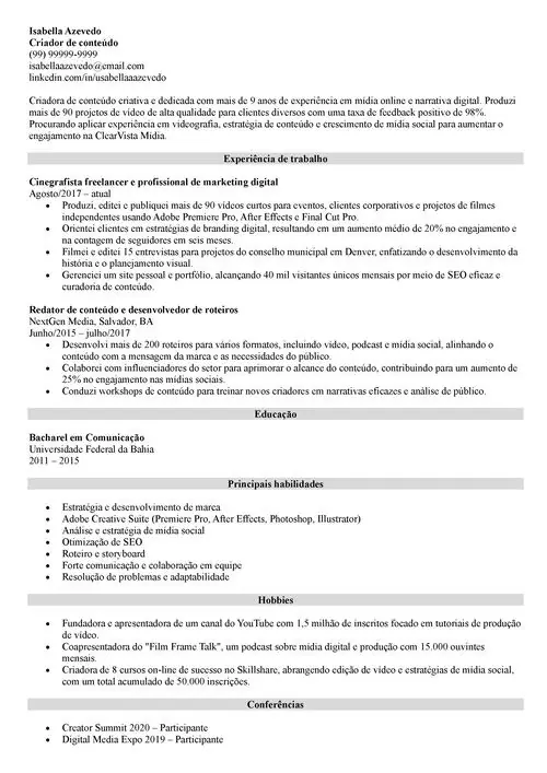 modelo de currículo para criador de conteúdo