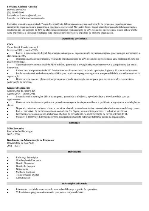 currículo de COO com modelo personalizado