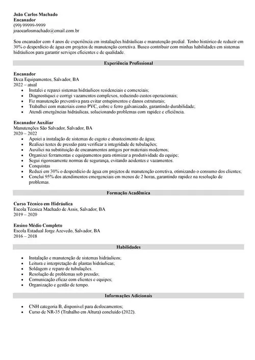 modelo de currículo de encanador