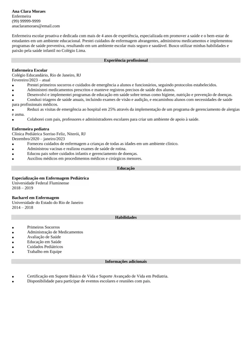 modelo de CV de enfermeira escolar