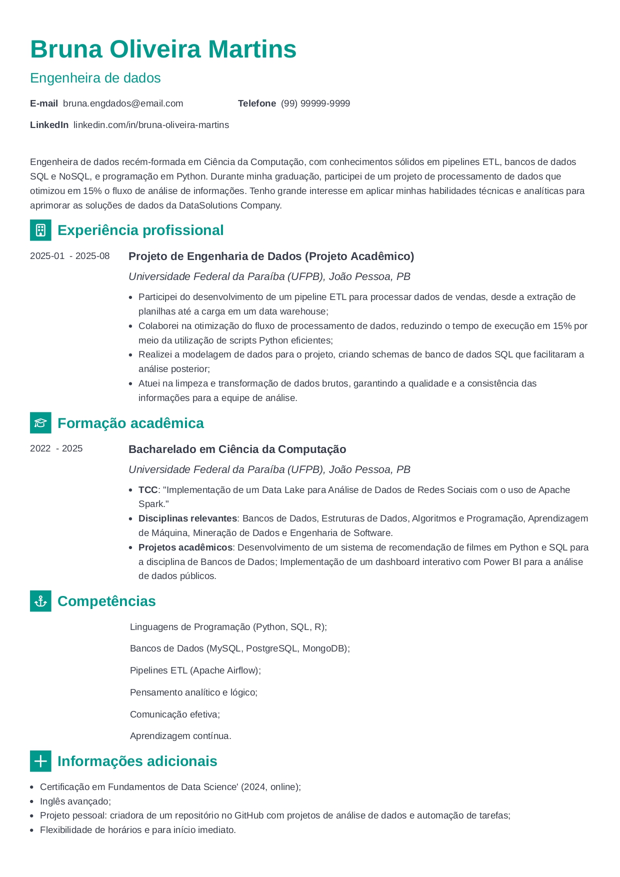 exemplo de currículo de engenheiro de dados sem experiência