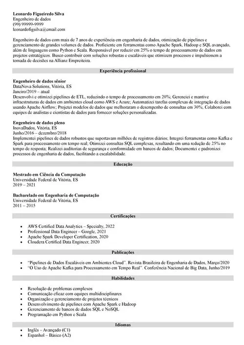 modelo de currículo para engenheiro de dados