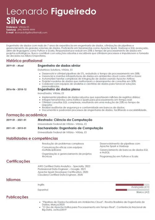 modelo de currículo para engenheiro de dados