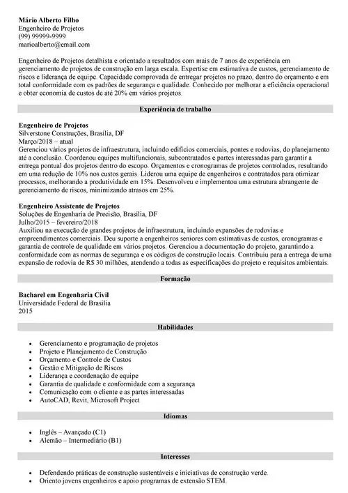 modelo de currículo de engenheiro de projetos