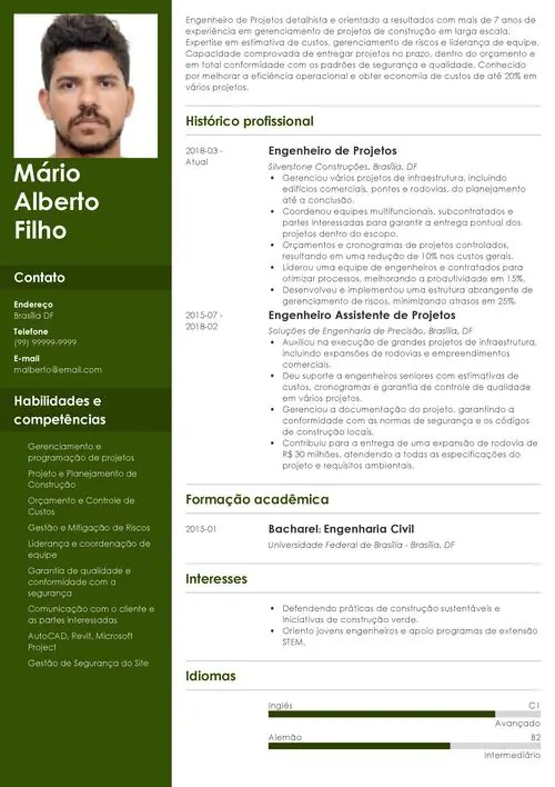 modelo de currículo de engenheiro de projetos