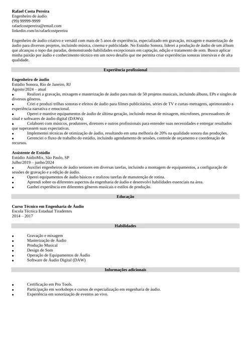 currículo de engenheiro de aúdio com modelo