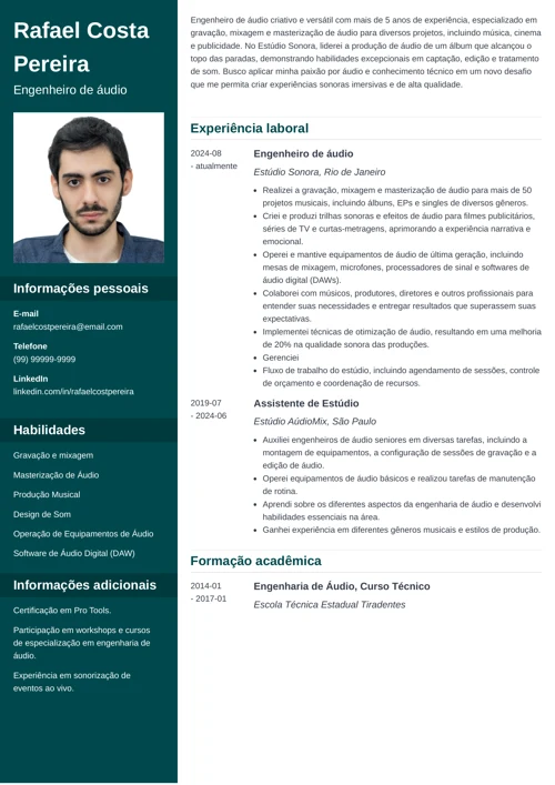currículo de engenheiro de aúdio com modelo