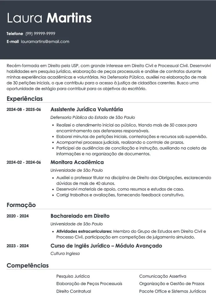 exemplo de currículo para estágio em direito feito no gerador da Zety