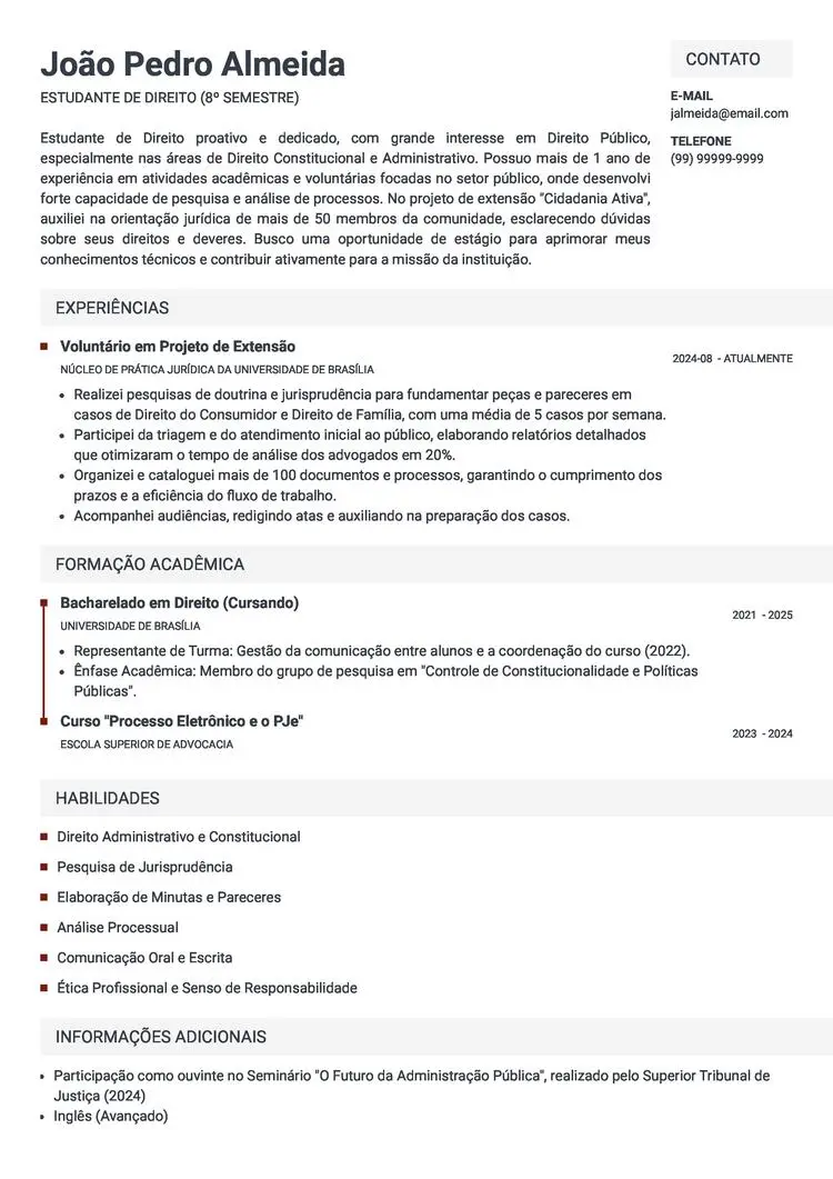 Modelo de currículo para estágio jurídico no setor público