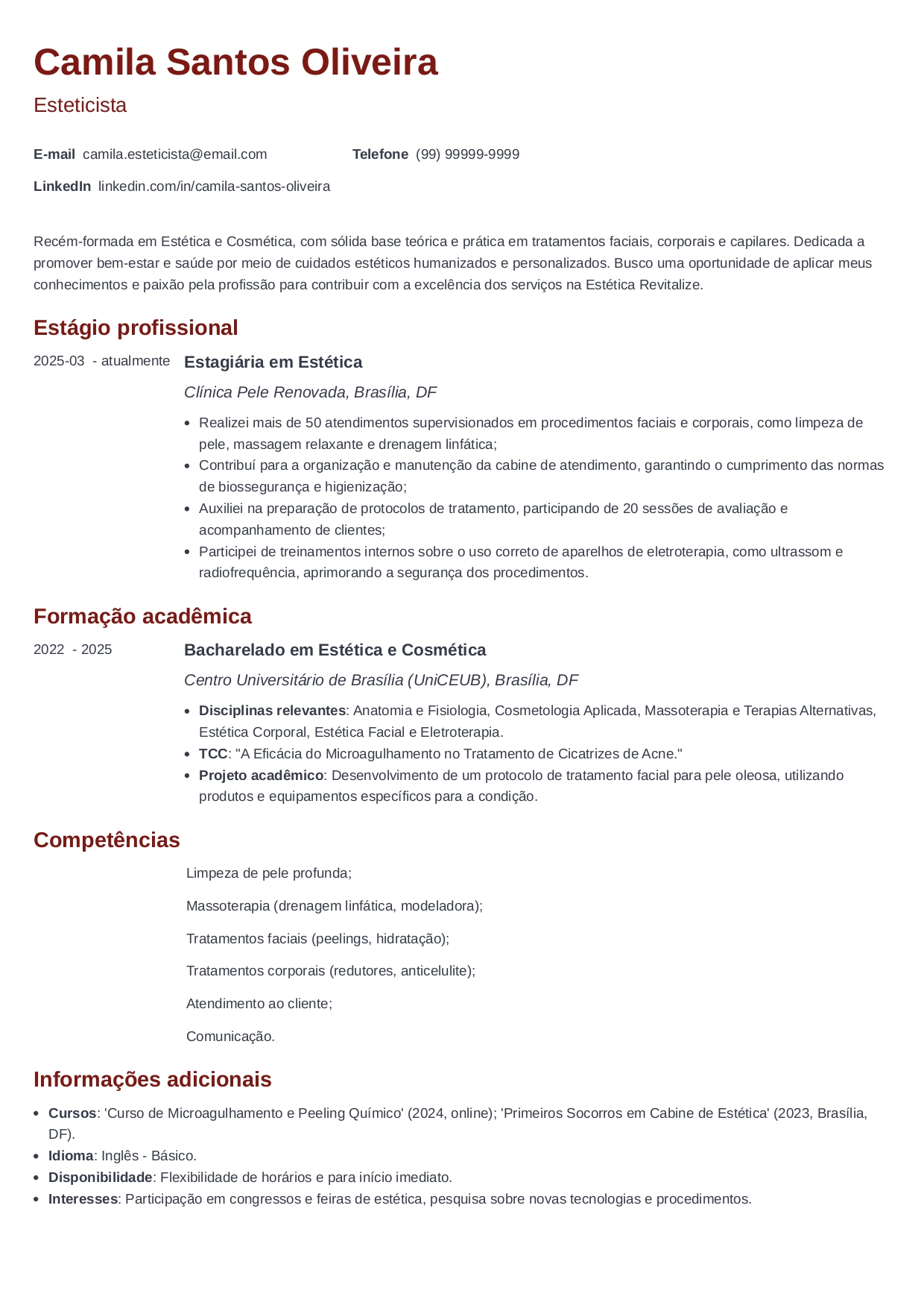 exemplo de currículo de esteticista sem experiência