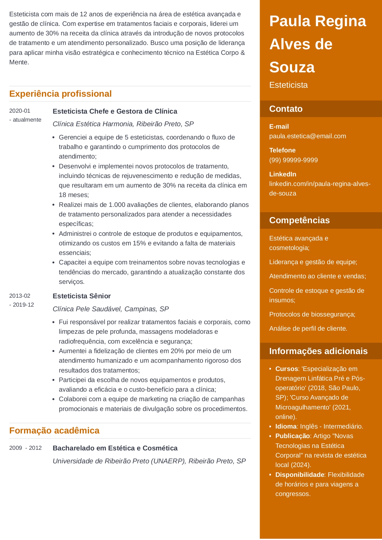 exemplo de currículo de esteticista experiente