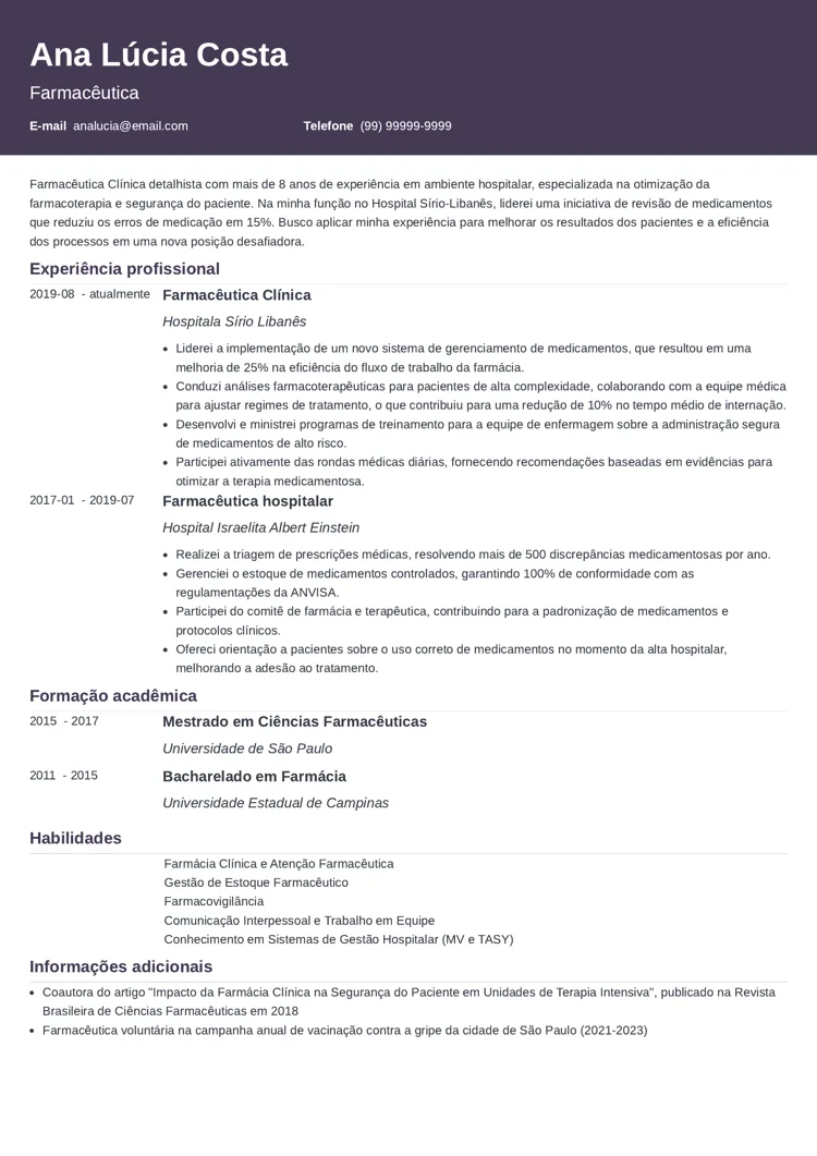 modelo de CV de farmacêutico do gerador da Zety