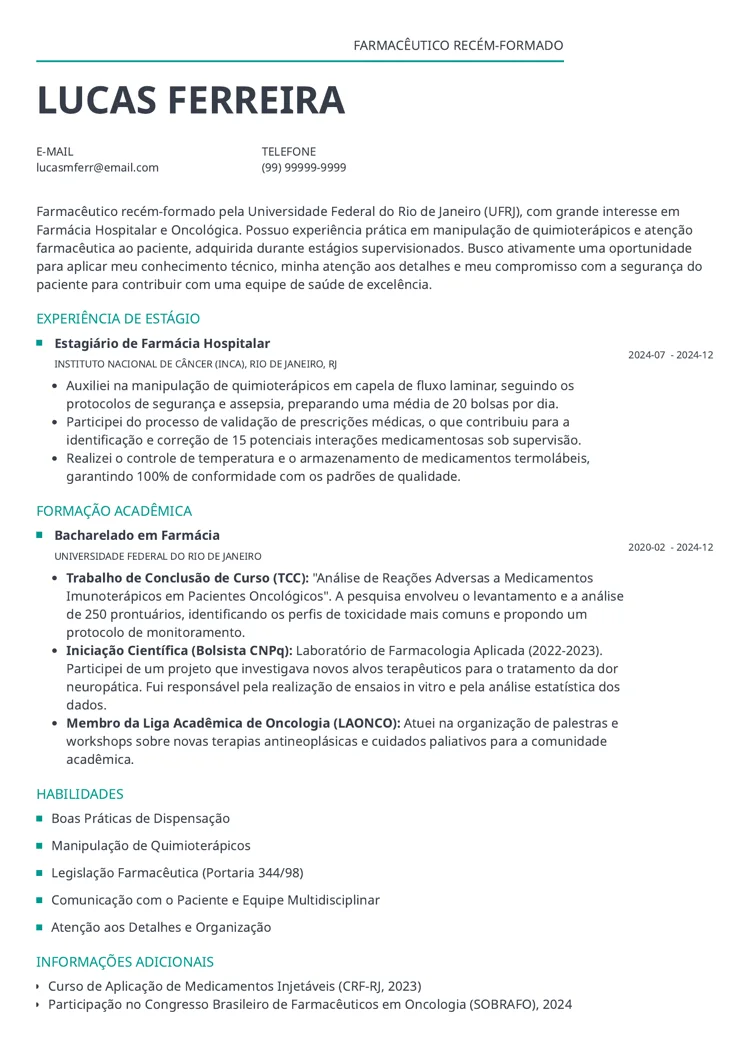 Modelo de CV para farmacêutico recém-formado