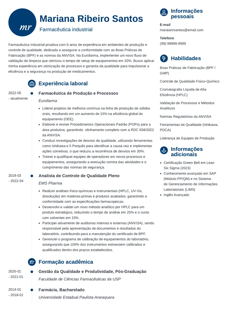 Modelo para currículo de farmacêutico de indústria