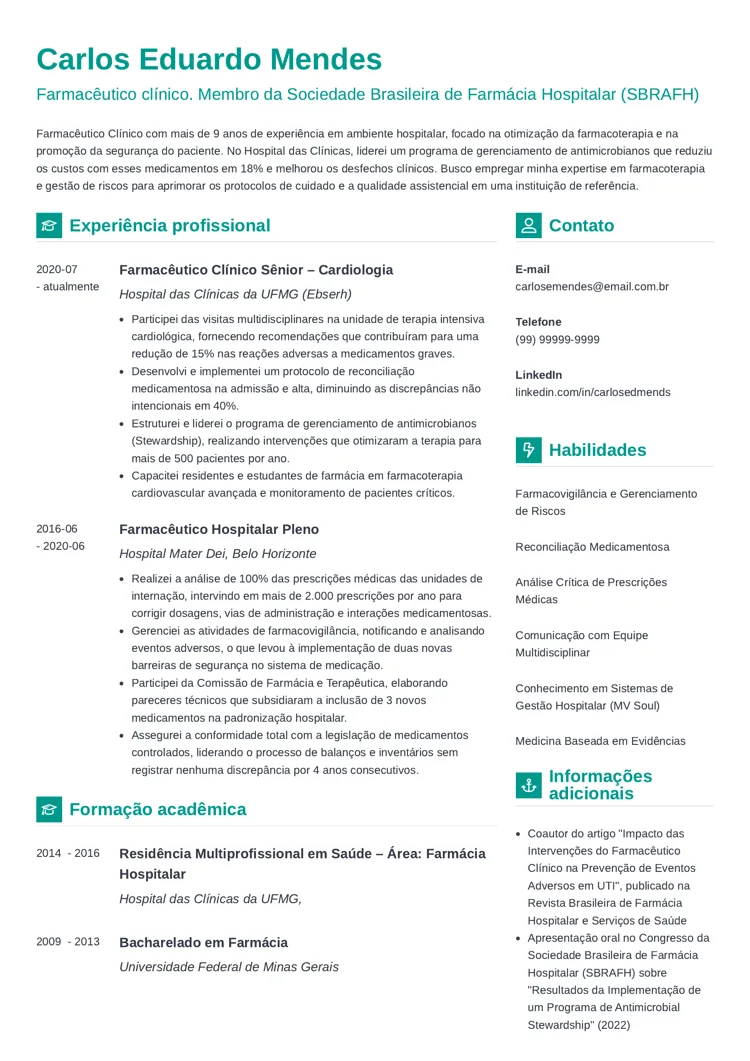 Modelo de currículo para farmacêutico hospitalar