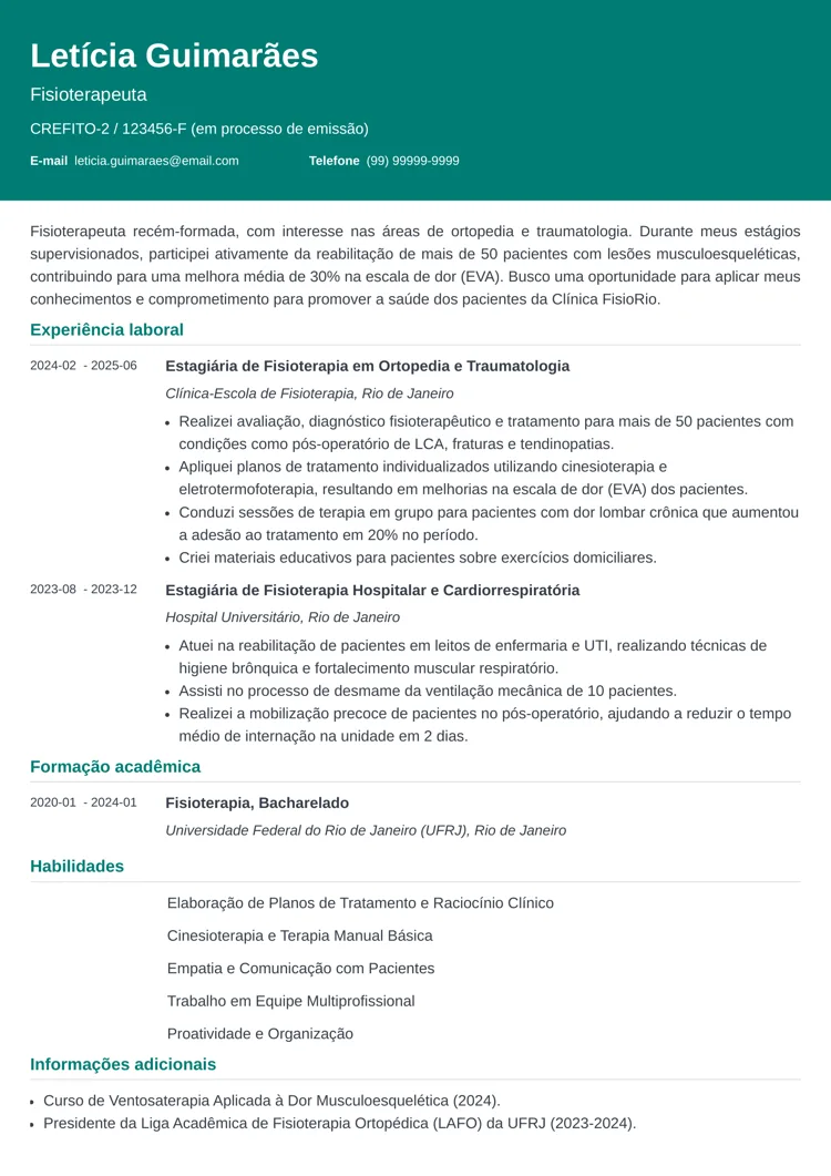 modelo de currículo de fisioterapeuta recém-formado