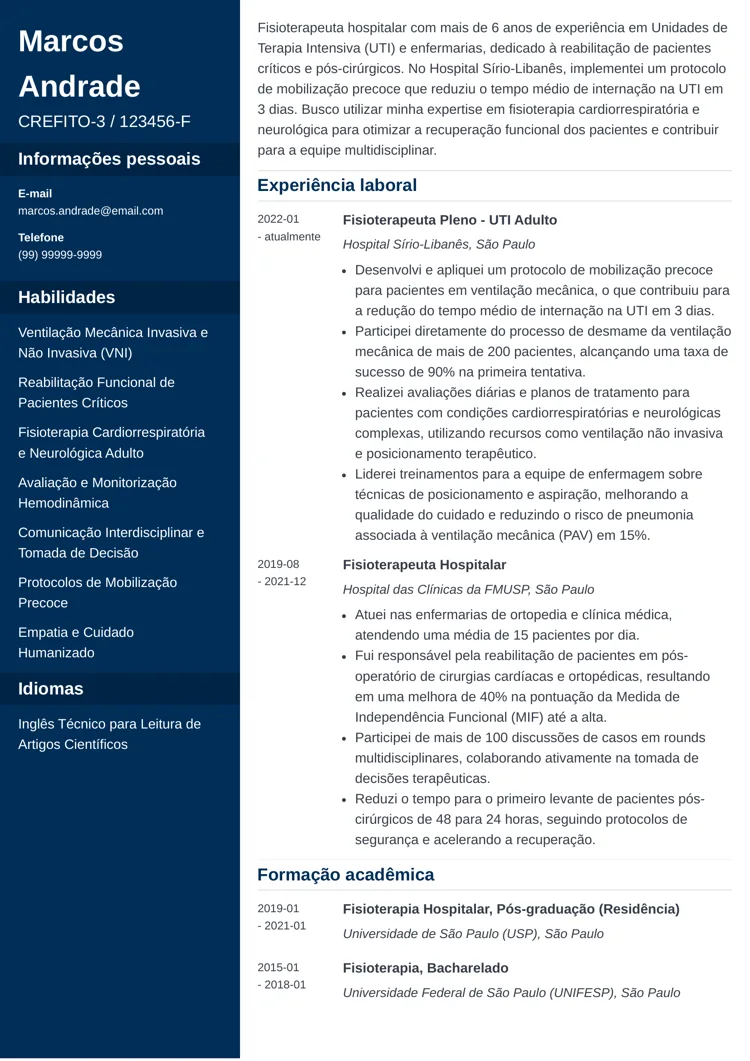 Modelo para currículo de fisioterapeuta hospitalar