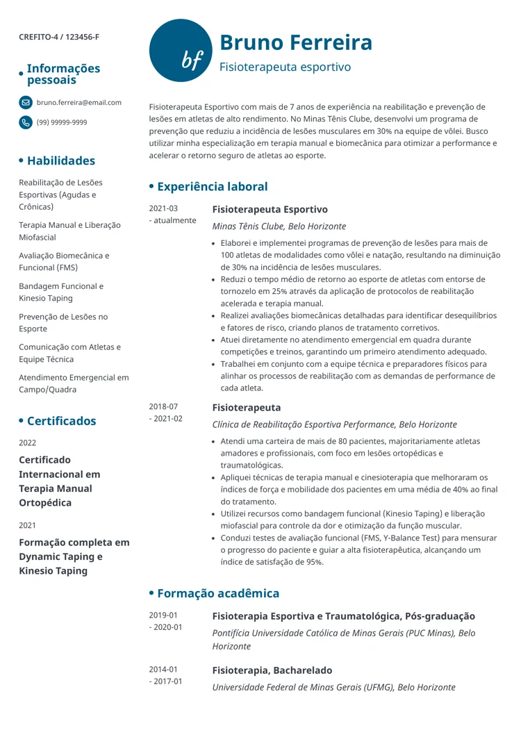 Exemplo de CV de fisioterapeuta esportivo com modelo pronto