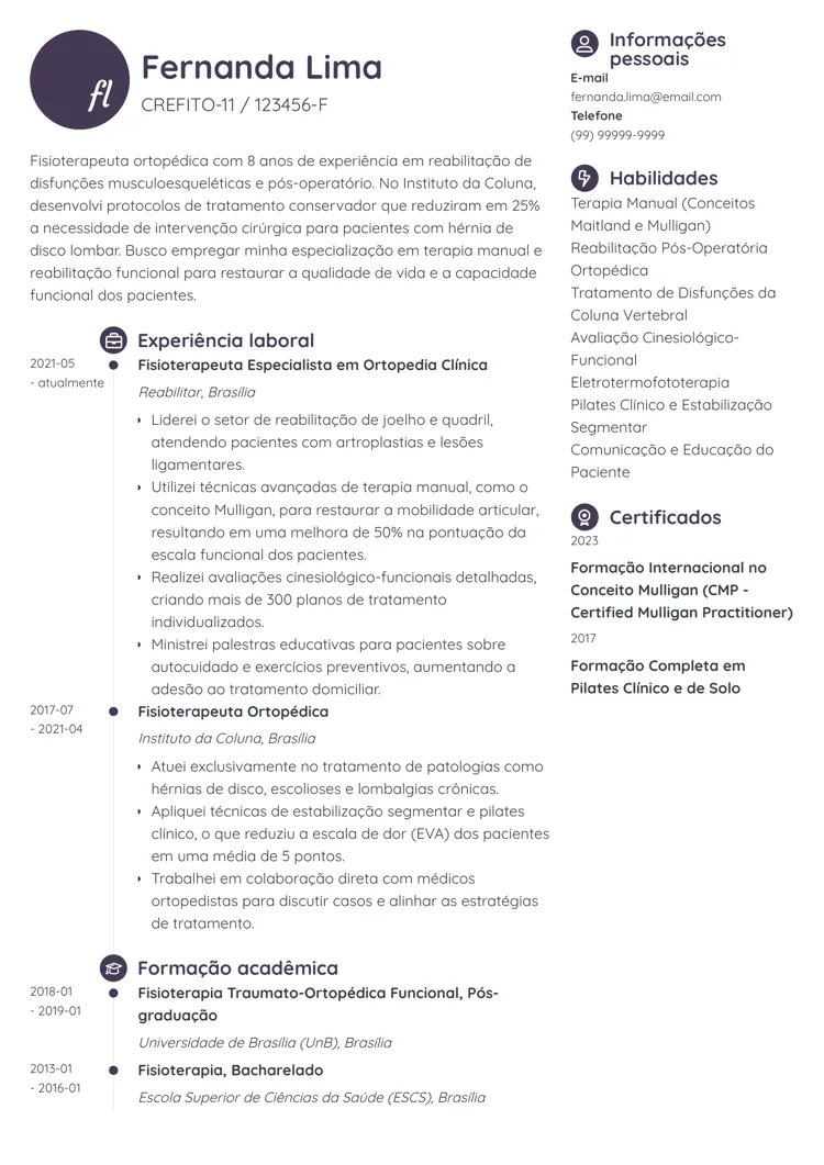 Modelo de currículo de fisioterapeuta ortopédico